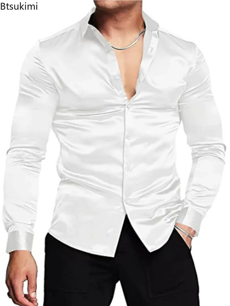 New 2026 Men's Luxurious Shiny - Mens Satin Silk Dress Shirt 评论和价格