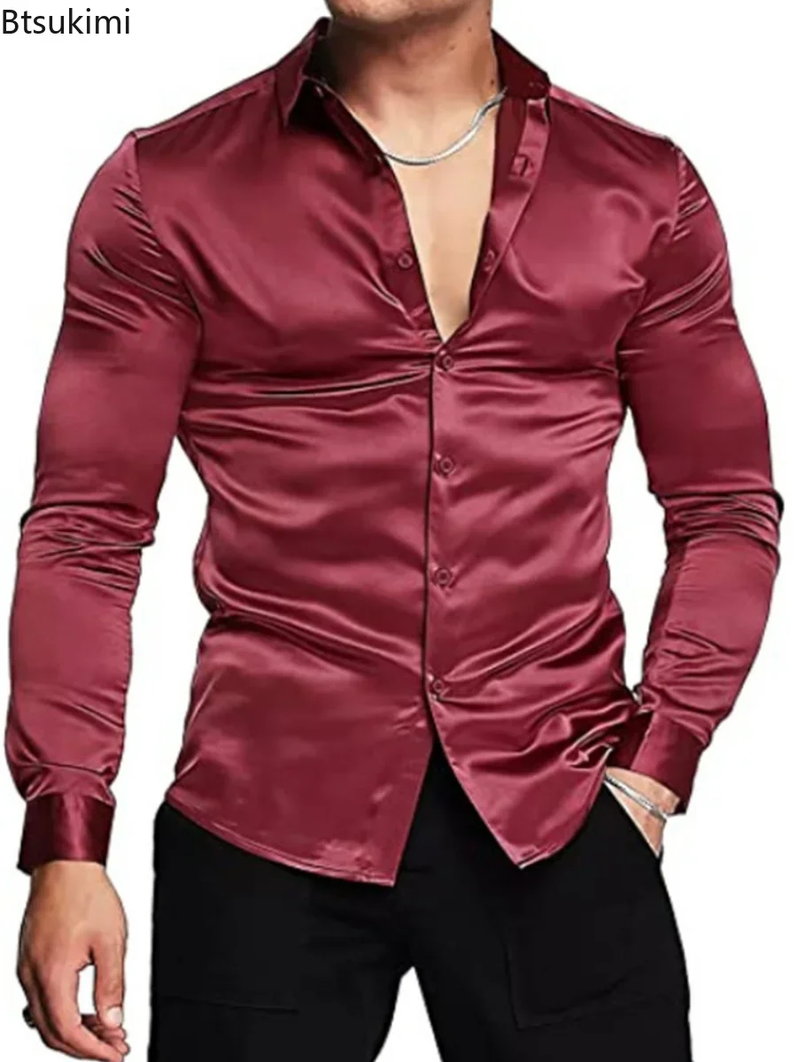 New 2026 Men's Luxurious Shiny - Mens Satin Silk Dress Shirt 评论和价格
